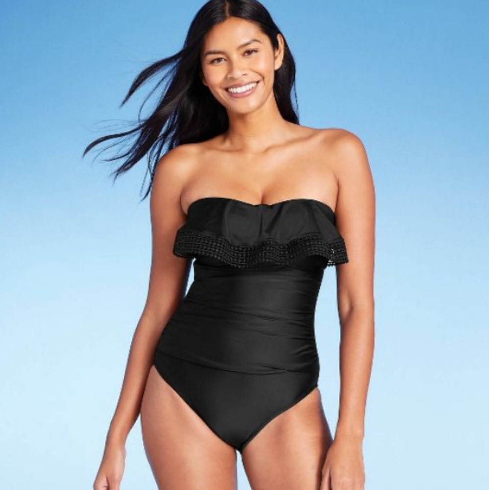 NEW! Kona Sol Black Crochet Flounce High Coverage One Piece Swimsuit